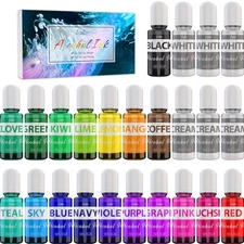 Concentrated Alcohol Ink Set - 24 Color Dyes with 6 White Inks for Creative Art