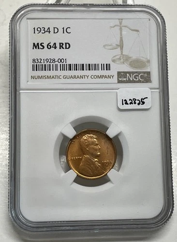 1934-D Lincoln Wheat Cent / Penny 1c NGC MS 64 RD Red BU Uncirculated Coin