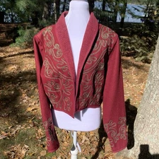 VTG New Identity Cropped Jacket Bolero Women Sz L Burgundy Red Embroidered Wool