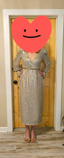 Mac Duggal Women's Silver Sequin Long Sleeve V-Neck Midi Sheath Dress Slit 8