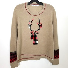 Woolrich Womens Wool Blend Plaid Deer Nature Knit Pullover Sweater Sz M Holiday