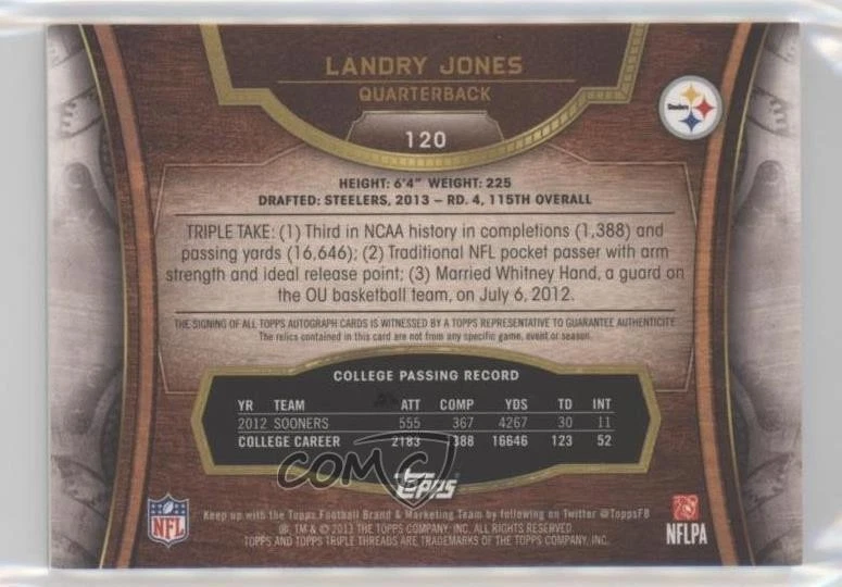 2013 Topps Triple Threads Relics Emerald /50 Landry Jones #120 Rookie Auto RC - Image 2 of 2