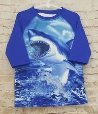 Wonder Nation Boys Size 8 Medium Rash Guard Swim Shirt Blue Great White Shark