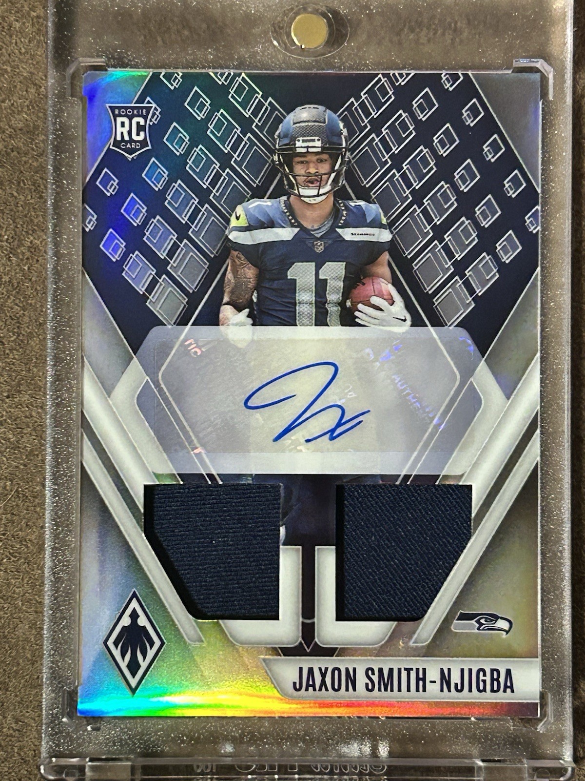 Jaxon Smith-Njigba RPA 2023 Phoenix Rookie Dual Patch Auto /225 Dinged Corner view 3