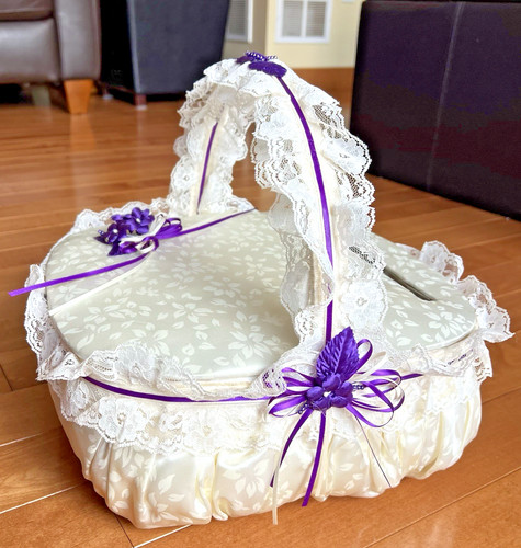 Vintage Lace Wedding Card Basket Ivory Satin Purple Floral 1990s Reception Decor