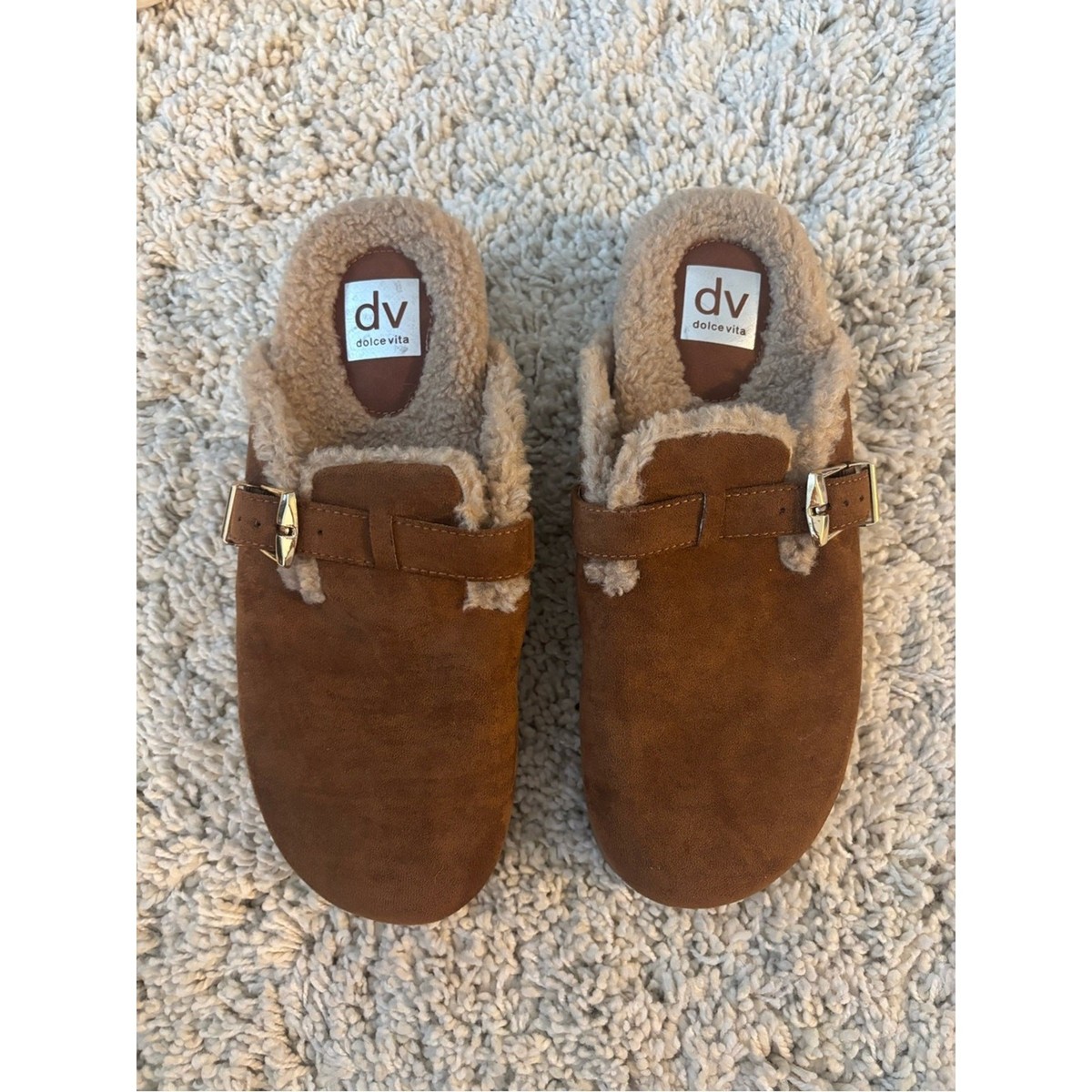 Dolce Vita Anina Cozy Mules Cognac Buckle Round Toe Slip-On Size 10