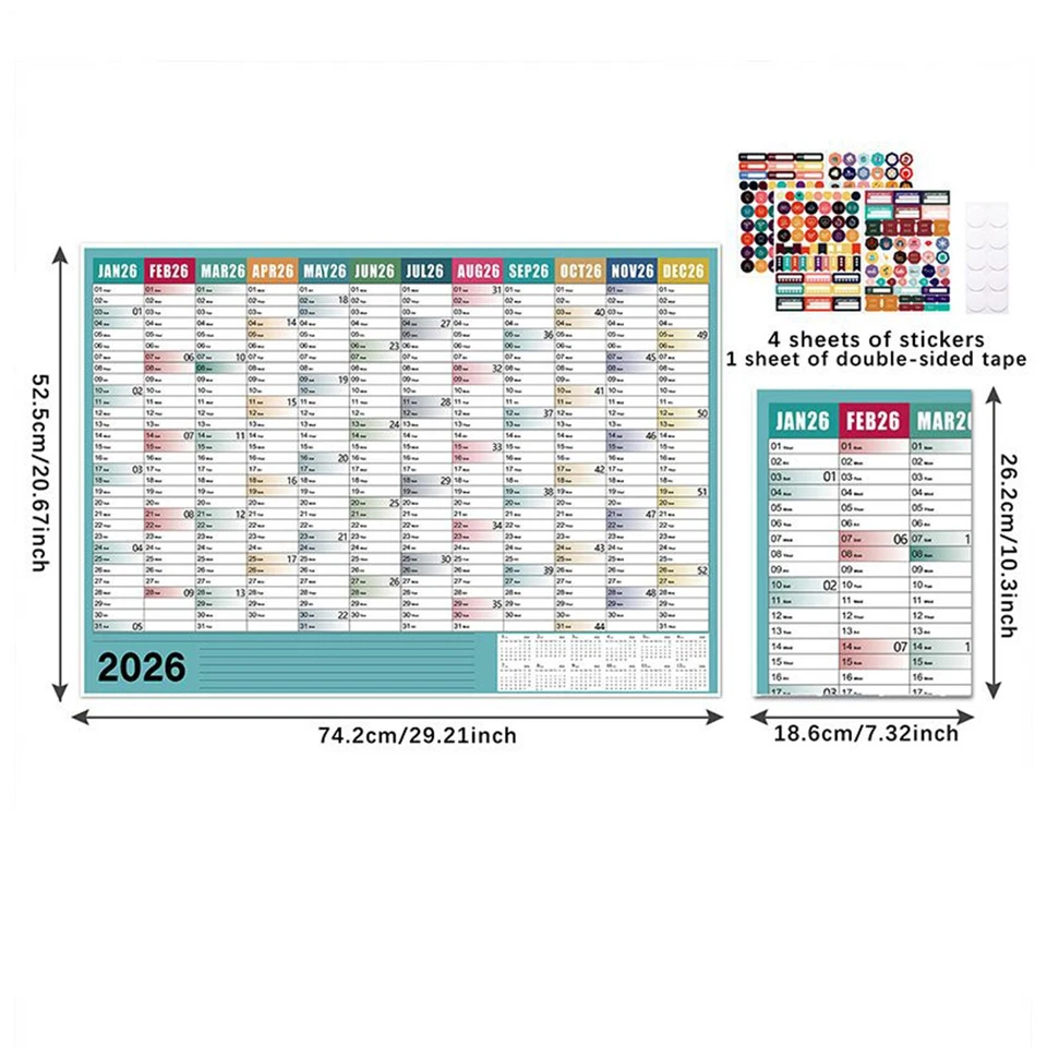 Planejador de ano calendário de parede 2026Wall pôster planejador mensal com adesivo - Imagem 3 de 4
