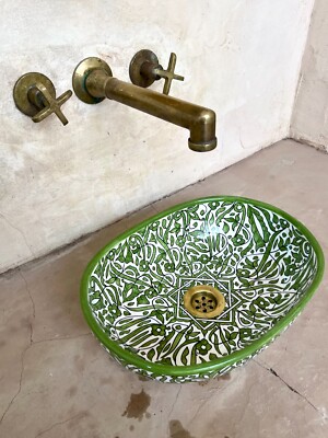 30cm / 11.8  in, Ceramic Sink for Bathroom & Kitchen, Oval Green Arabesque Sink