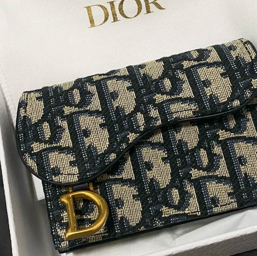 Dior Saddle Flap Card Holder Blue Dior Oblique Jacquard / 100% Authentic / - Picture 2 of 7