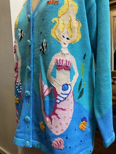 Storybook Knits Beaded & Sequined Mermaid Themed CARDIGAN (Size L) - Picture 4 of 8