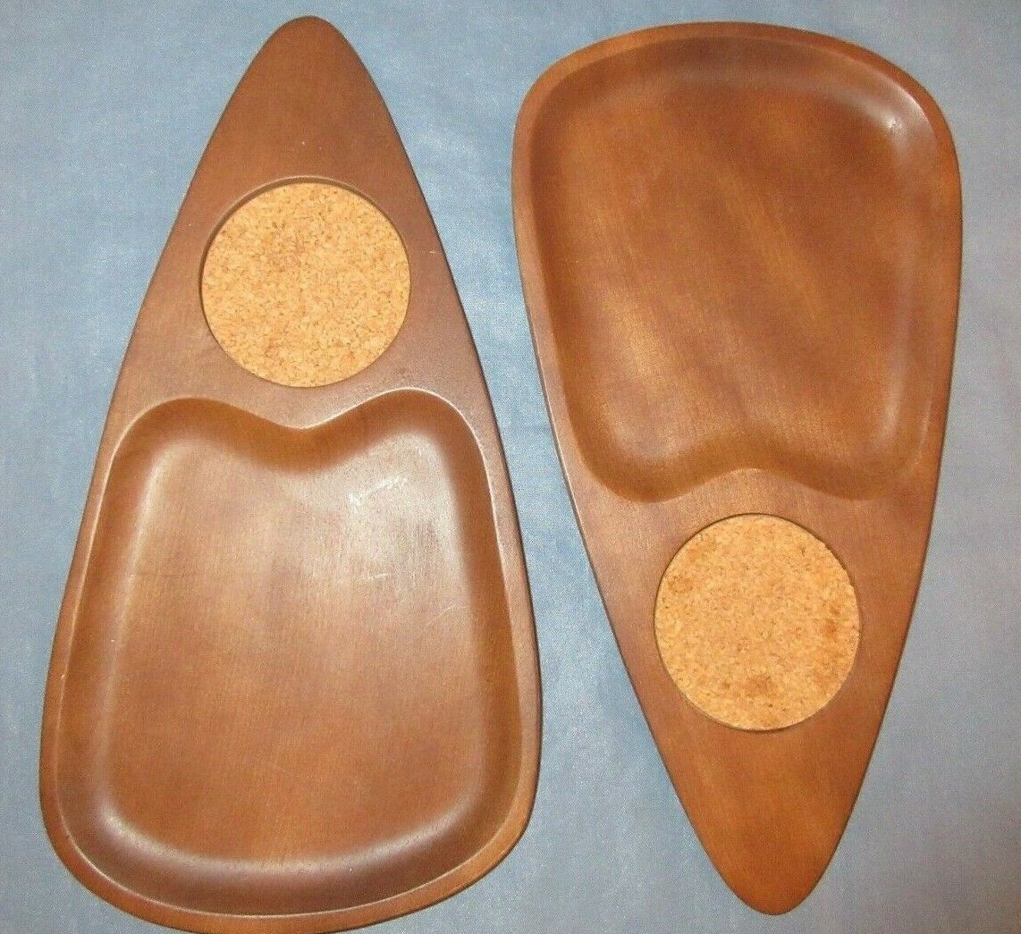 2 Vtg Mid Century SERV WOOD Hand Carved Hardwood Teak Snack Trays Japan eBay