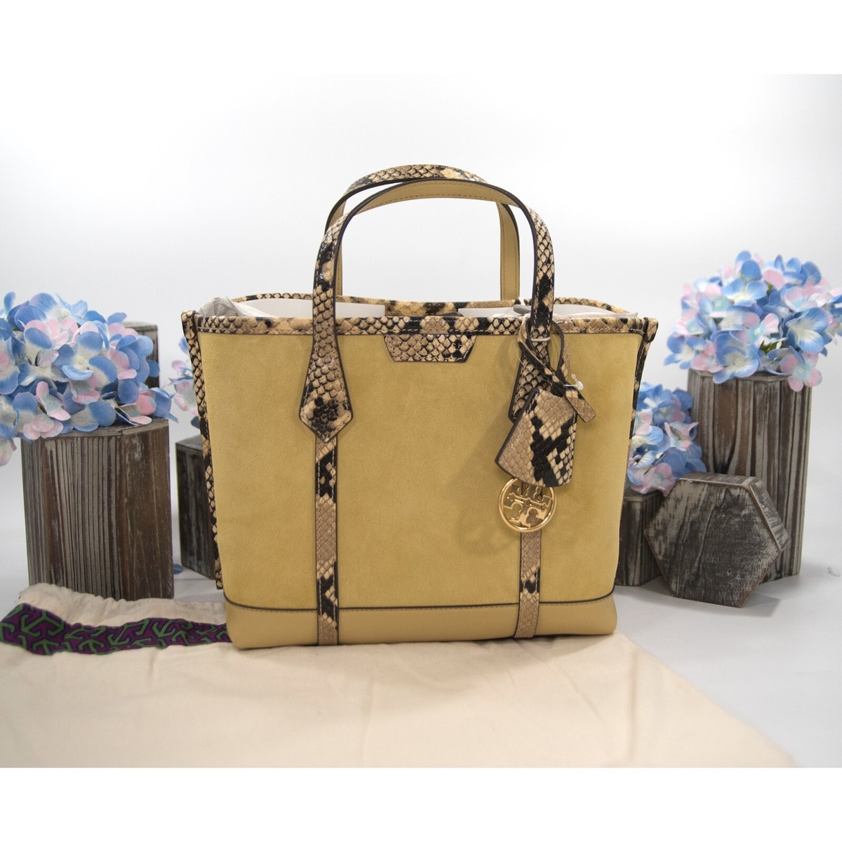 Tory Burch Perry Cornbread Suede Exotic Snake Small Triple 