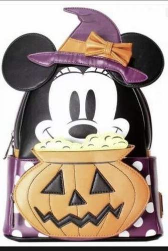 LOUNGEFLY Disney Halloween Minnie Mouse Witch Pumpkin Cauldron Mini Backpack New - Picture 3 of 8