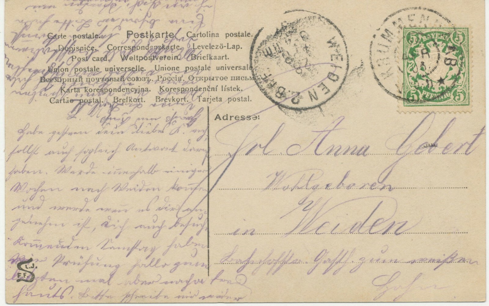 Bavaria local stamp Krummennaab K2 and Weiden 2.BHF.K1 1908 extremely rare on RP 