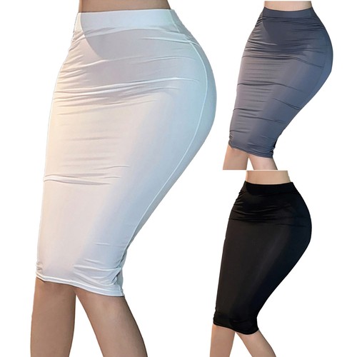 Damen Hohe Taille Stretch Bodycon Bleistiftrock Seide Knielang Gerade Rock - Bild 3 von 32