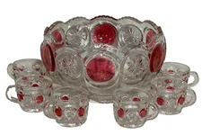 Tiffin Franciscan Moon and Star Ruby Flash Punch Bowl Set with 6 Cups Vintage
