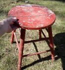 Primitive Antique Wooden Stool W/ Original Red Paint Rustic Country Farm Country