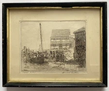 Rare Antique Linwood Easton Signed Etching Coastal Maine Harbor Boats Seaside