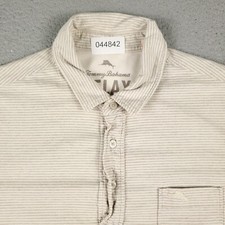 Tommy Bahama Polo Shirt Mens Medium Beige Striped Casual Short Sleeve