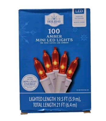 Holiday Time 100 Count Amber LED Mini Christmas Lights, with White Wire, 21 feet