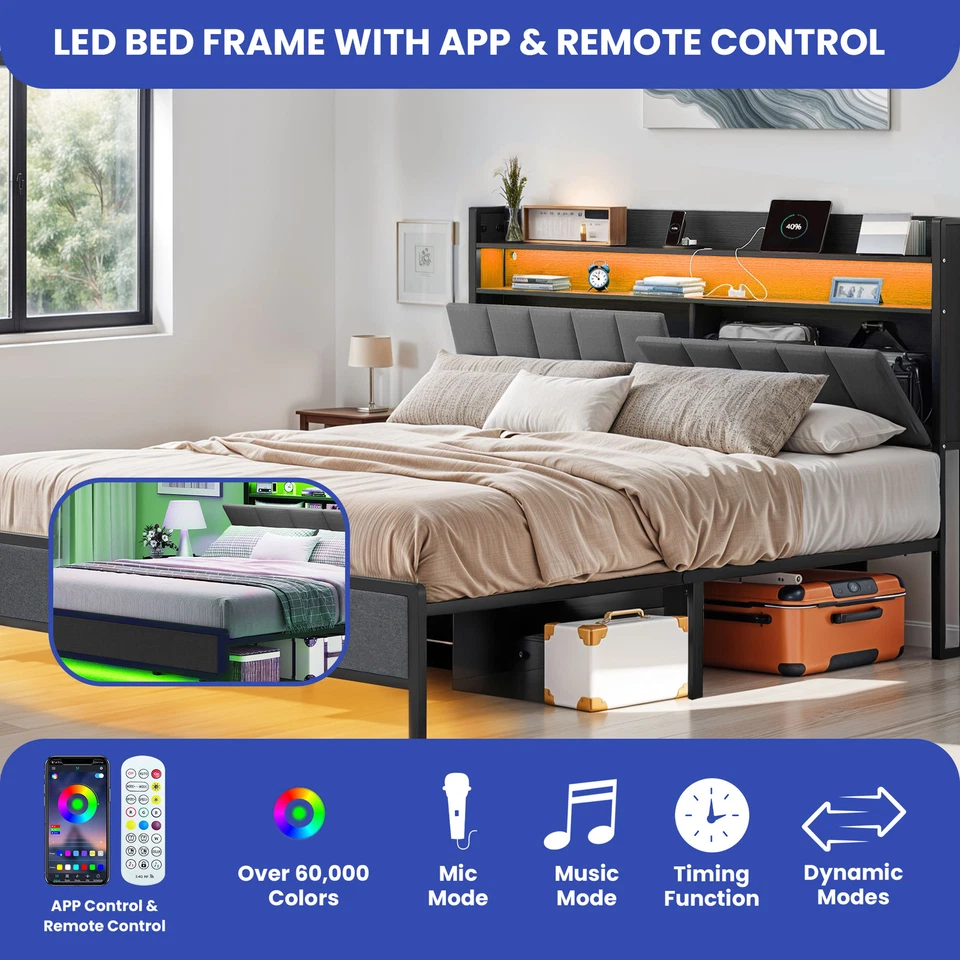 Marco de cama LED tamaño king con cabecero tapizado oculto estación de carga de almacenamiento Foto 3 de 4