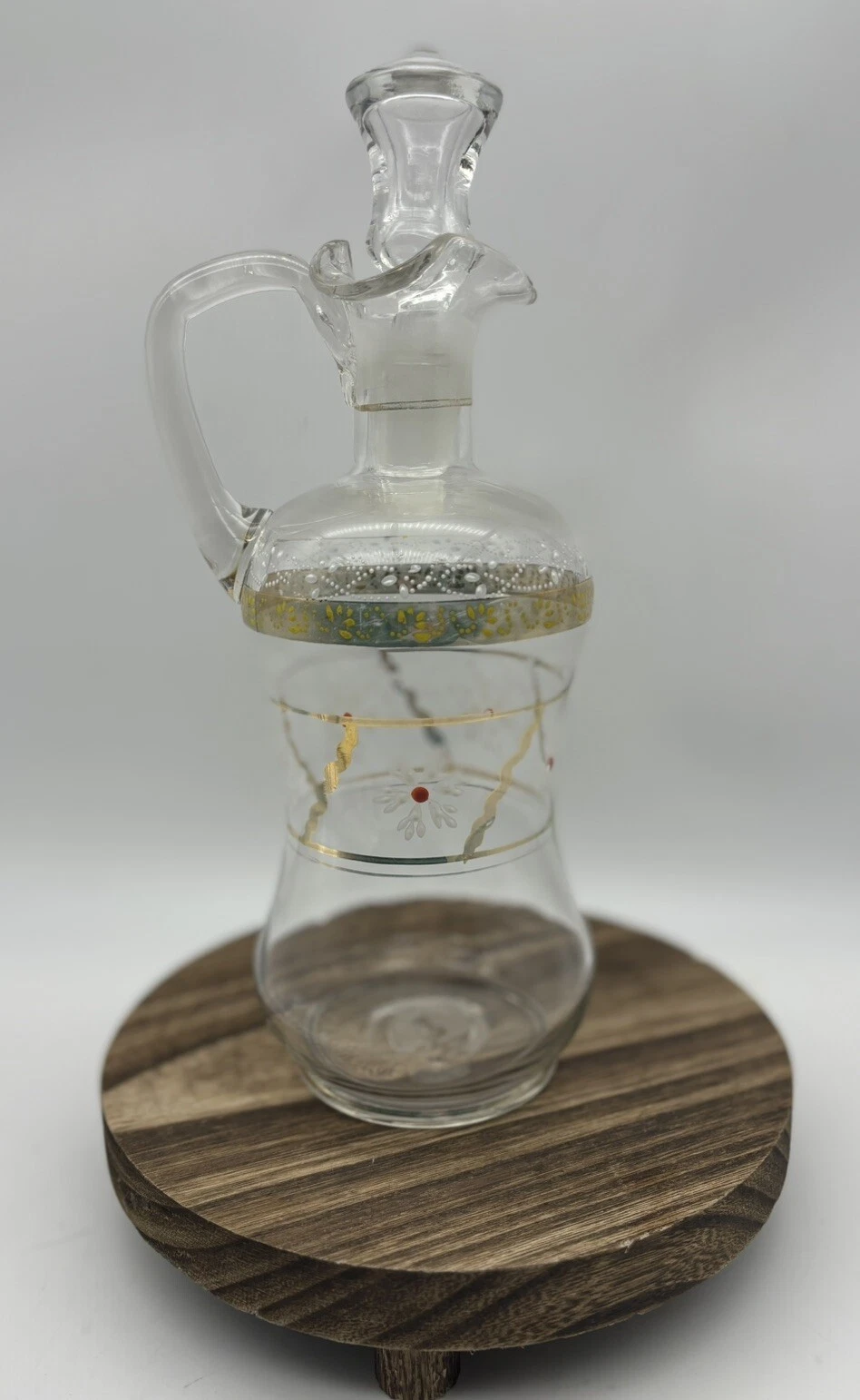 Clear Glass Hand Blown Decanter with Stopper and Handle Painted Bohemian Coastal