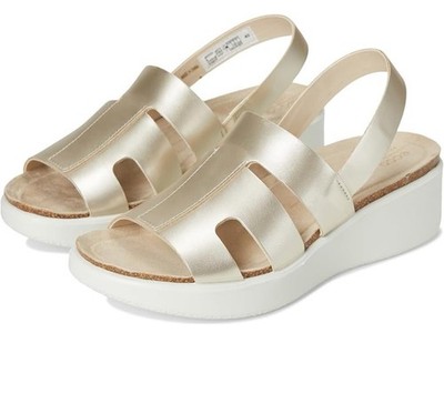 ECCO Flowt Wedge Cork Oasis Comfort Sandal Pure White Gold Leather 7 - 7.5
