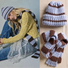 Free People Tacita Beanie  Skinny Scarf Set Periwinkle Blue Brown NWT Preppy