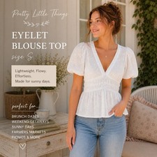 Pretty Little Thing Petite Top US 4 White Eyelet Puff Sleeve Cottage Coquette