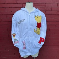 Disney Winnie the Pooh White Zip Up Hoodie Womens Size XL Embroidered Character