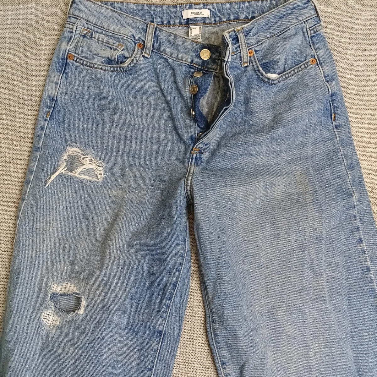 Jeans Forever 21 Distressed Pierna Ancha Mujer 28 Azul Excelente Algodón Rasgado
