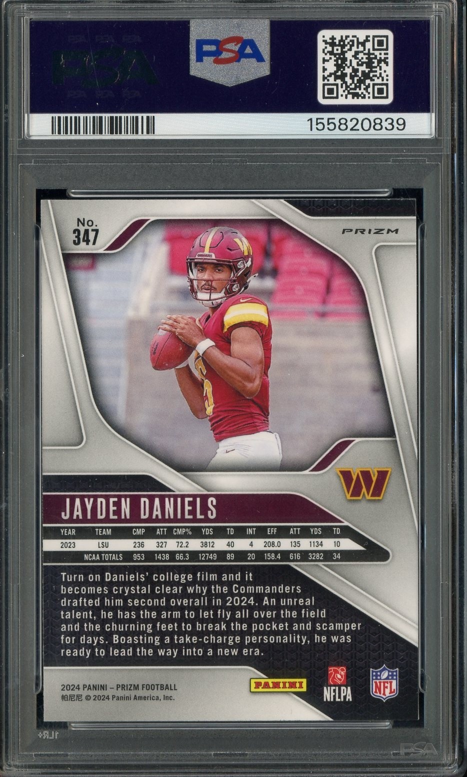 2024 Panini Prizm Jayden Daniels Pink Wave Prizm Rookie Card #347 PSA 8 view 2