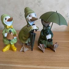 3 x Duck Resin Ornaments - Raincoats Umbrellas 20-24cm Long - Garden Patio