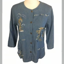 Vtg. Koret Women's Embellished Denim Shirt Embroidered Painted Design