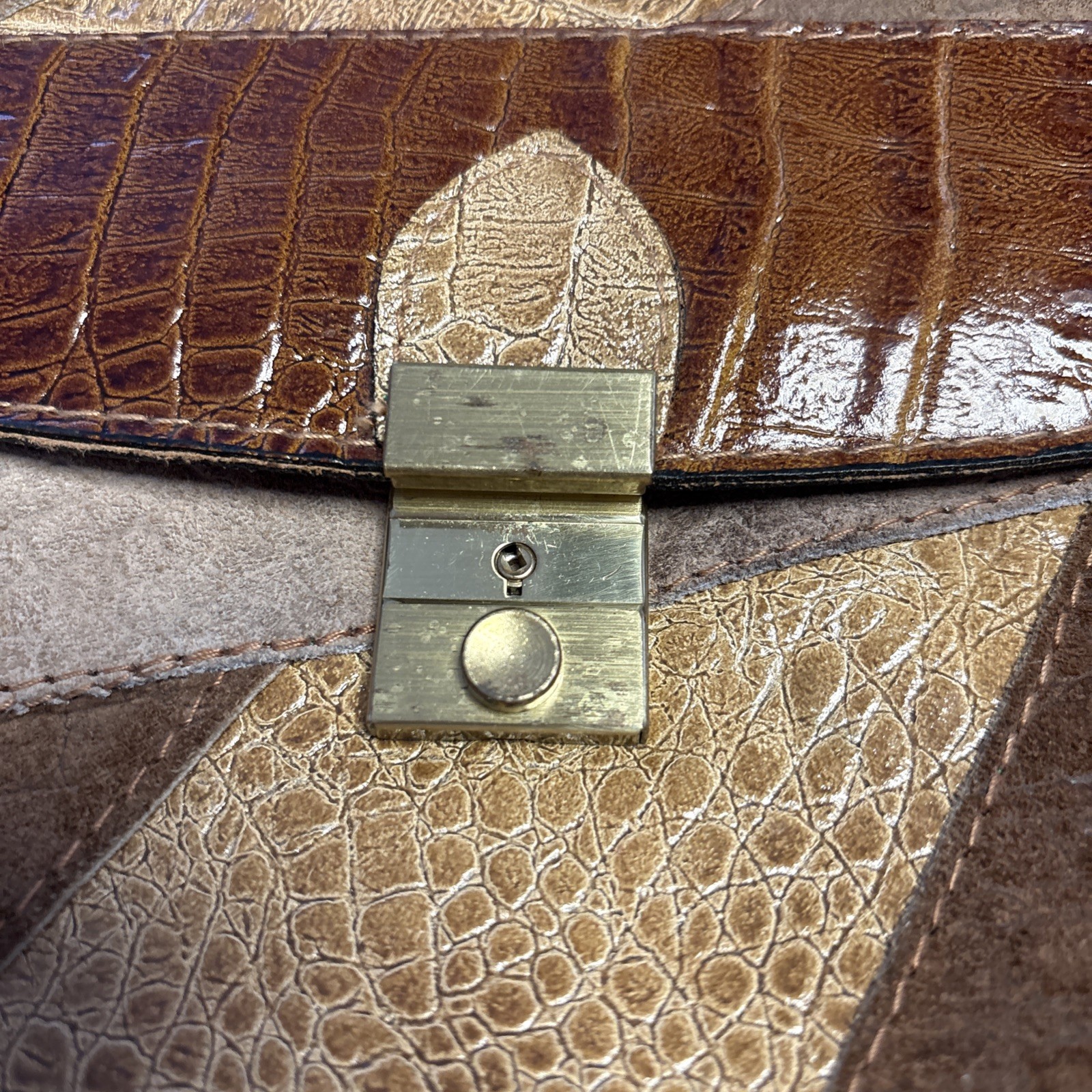 Vtg Satchel w Key Brown Patchwork Document Portfo… - image 2