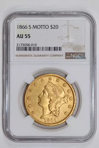 1866-S MOTTO $20 GOLD LIBERTY DOUBLE EAGLE NGC AU55 PQ!