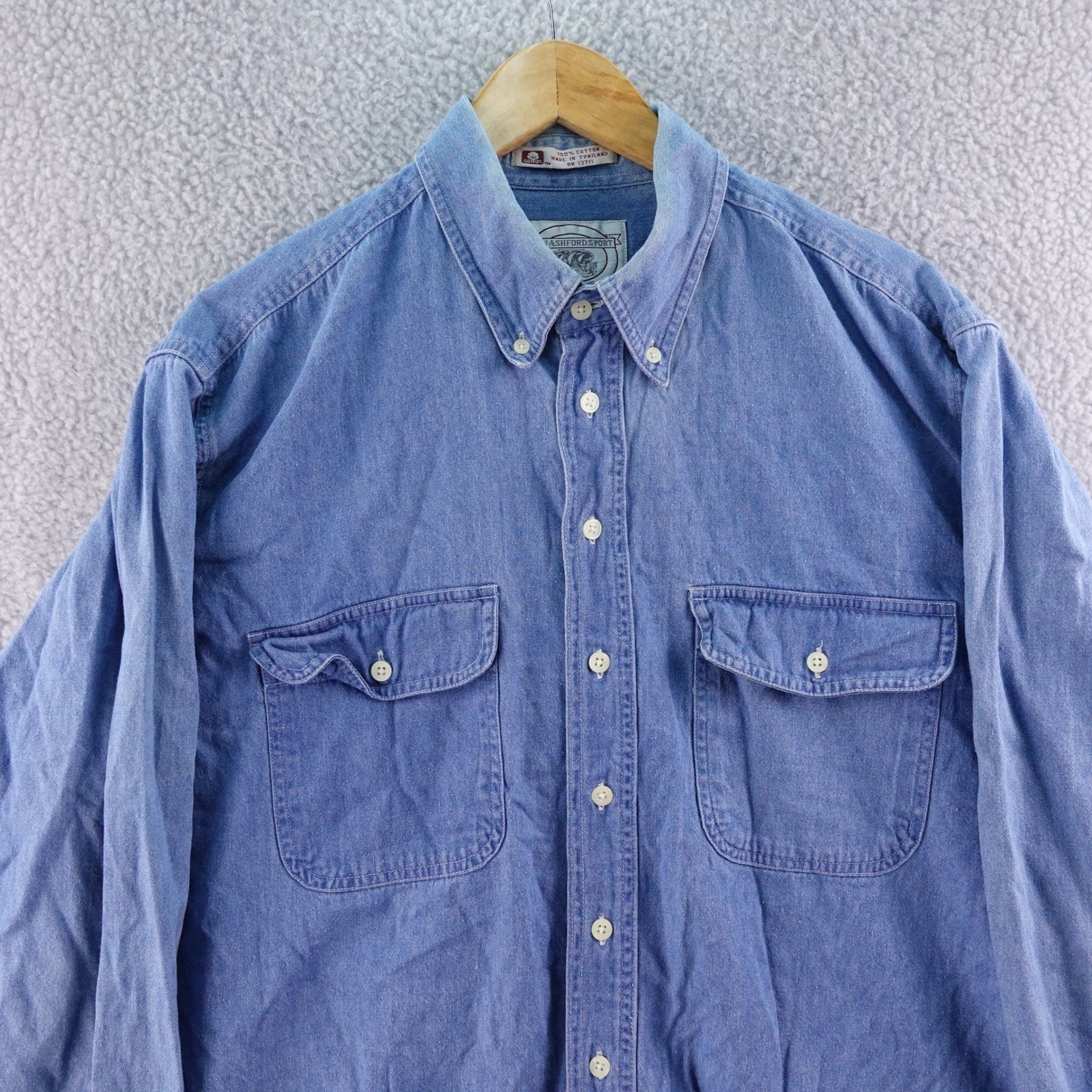 Vintage John Ashford Sport Men's Blue Denim Button Down Long Sleeve Shirt Size L