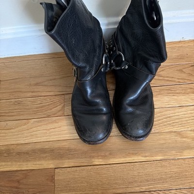 FRYE Jenna Chain Women s Black Leather Boots Short Pull On Harness Motorcycle 7M