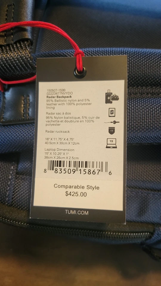 Tumi Radar Backpack Navy Blue/Black New With Tags Ballistic Nylon Luxury Travel - Image 3 of 4