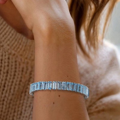 66Ct Emerald Blue Topaz Tennis Women's Bracelet 14K White Gold Plated .925