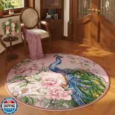 Vowkten Round Rug 4ft Washable Circle Rug Non Slip Low Pile Floral Peacock An