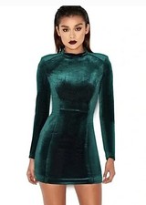 HOUSE OF CB London Isaura Green Velvet Long Sleeve Mini Dress X Small Ships Fast