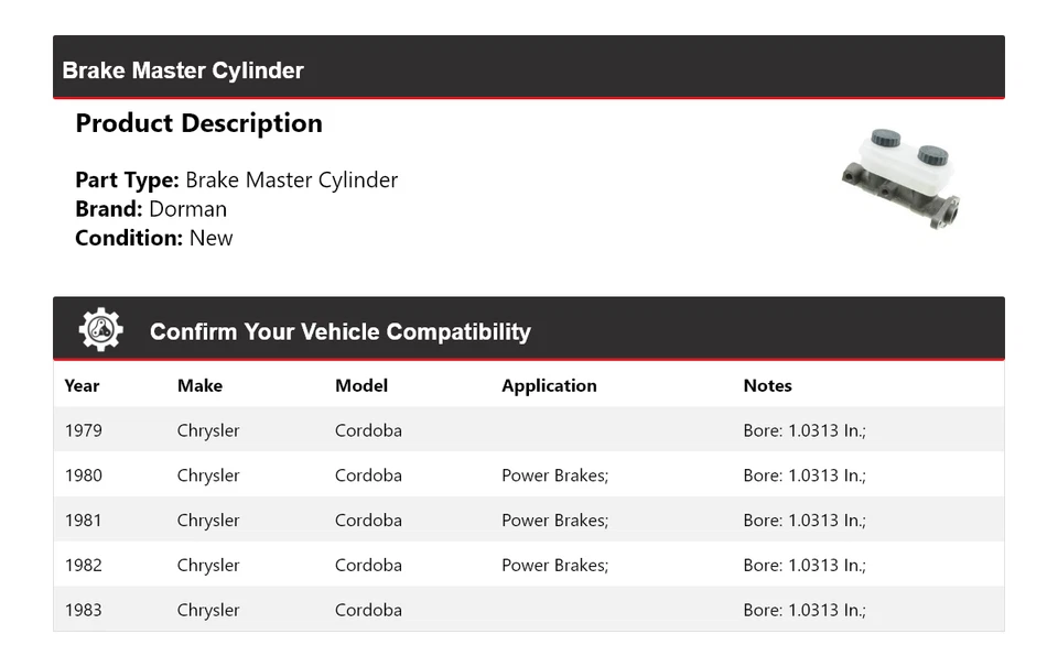 Cilindro maestro de freno para Chrysler Cordoba Dorman 1979-1983 1980 1981 1982 Foto 2 de 4