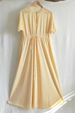 Vtg Robe Short Sleeve Maxi Peach A-Line Button Down Nylon Lace Trim Size M/L