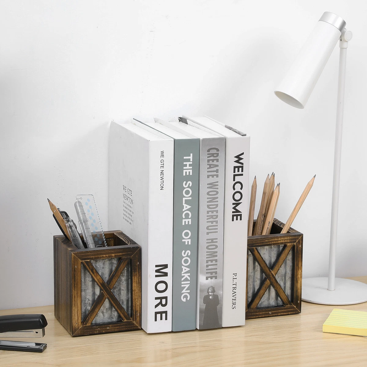 Rustic Wooden Galvanized Metal Decorative Bookends w Pen Holder