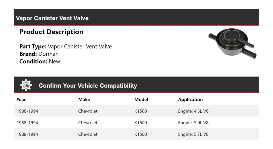 Válvula de ventilación de bote de vapor Dorman 1989 1990 1991 para Chevrolet K1500 1988-1994 Foto 2 de 4