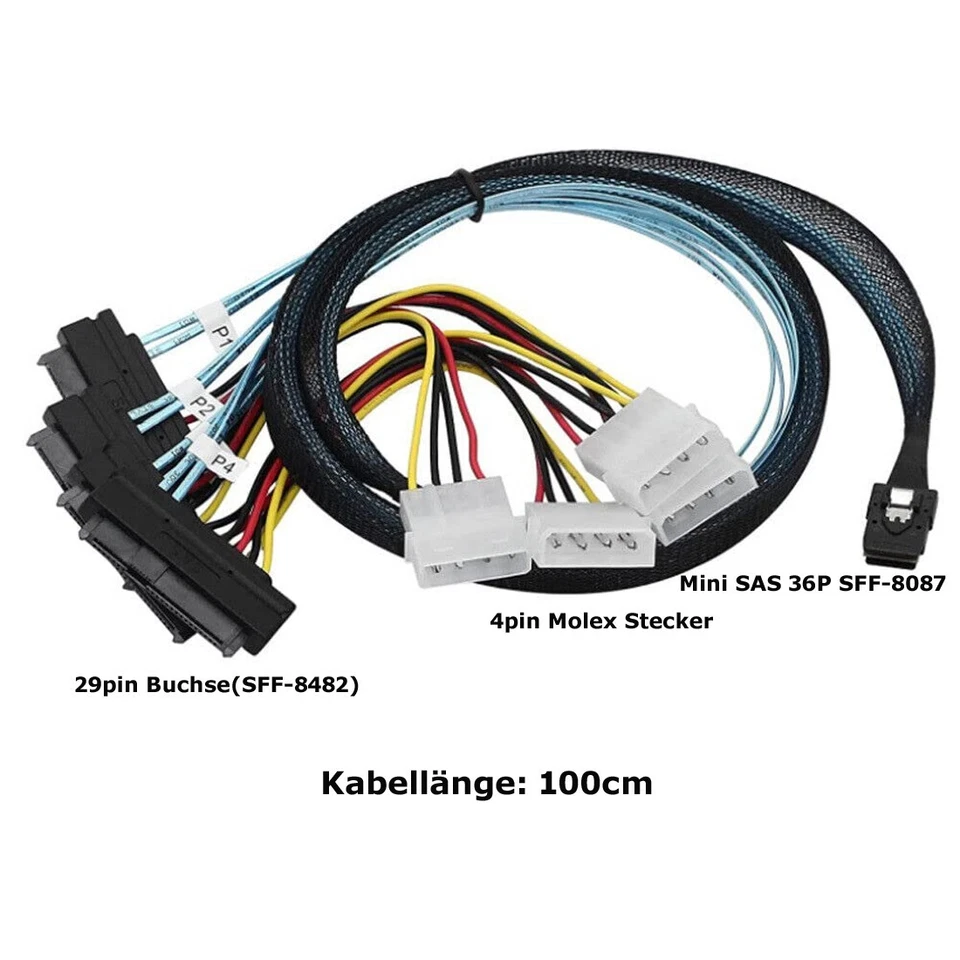 P47C Mini SAS 36P SFF-8087 zu 4x 29pin SFF-8482 4pin Molex Stromkabel Datenkabel - Bild 3 von 4