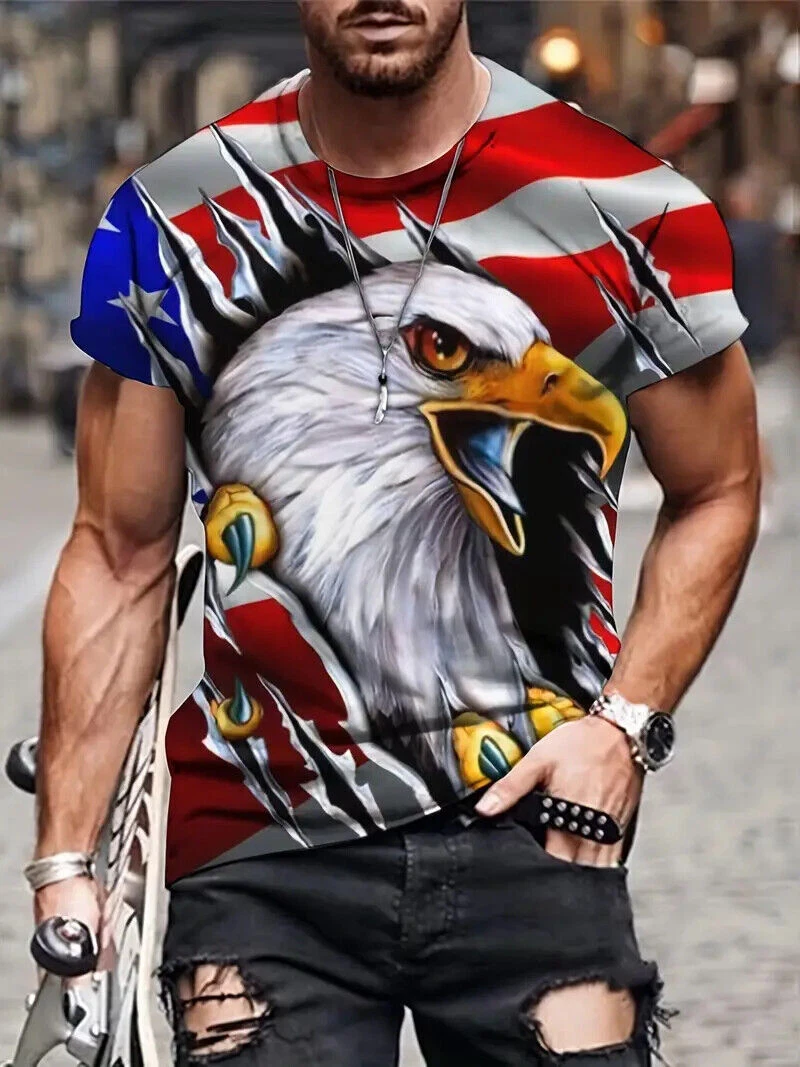 Águila Americana Camiseta Bandera EE. UU. Moda Novedad Hombres Patriótico Sedoso
