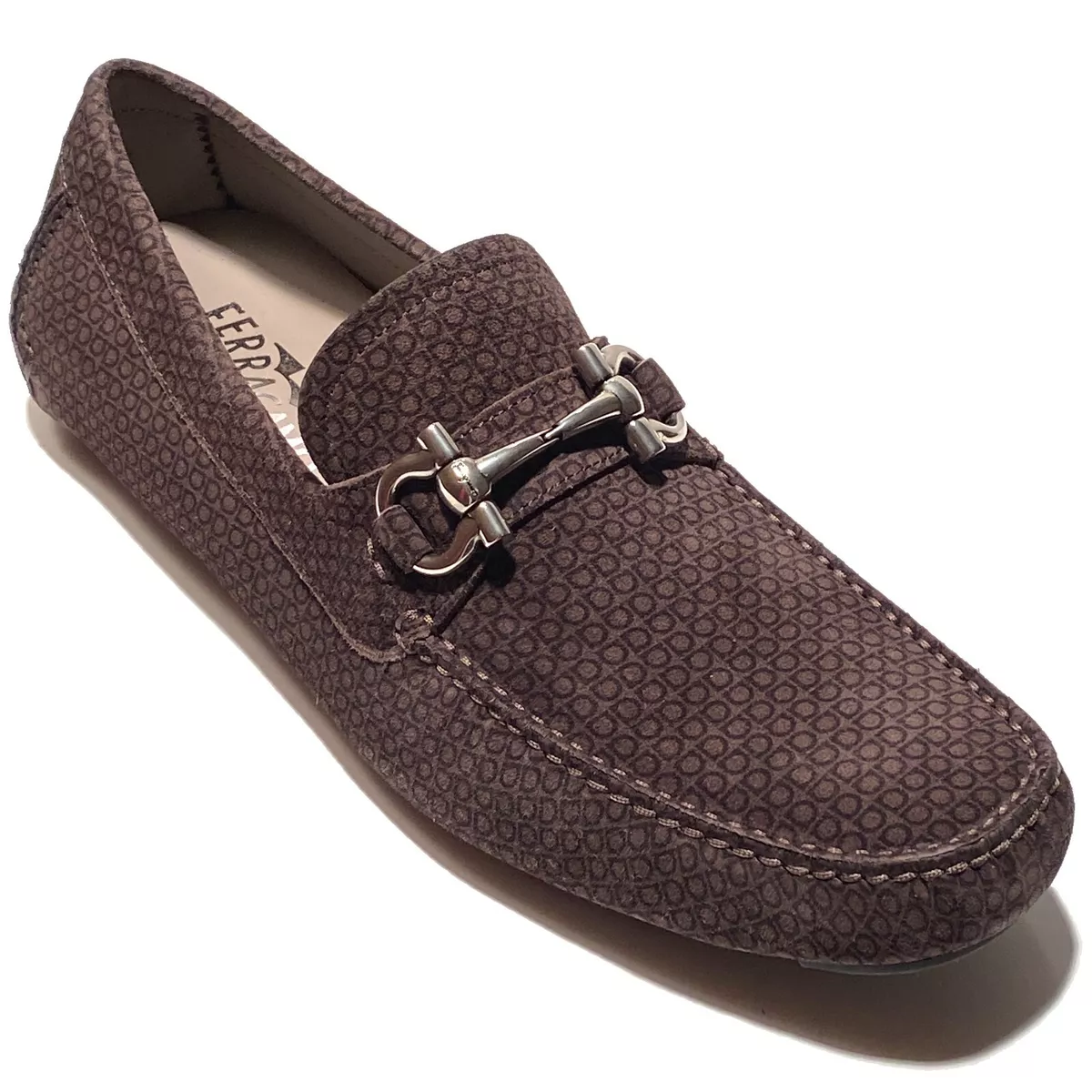 Ferragamo Gancini Print Bit Grey Suede Leather Drivers Loafers