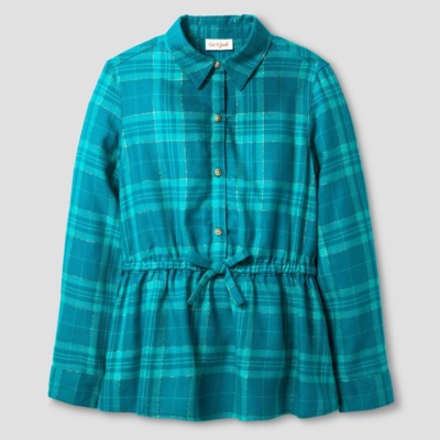Girls Button Up Glitter Thread Aqua Green Plaid Shirt Cat & Jack, XS, L Plus, XL